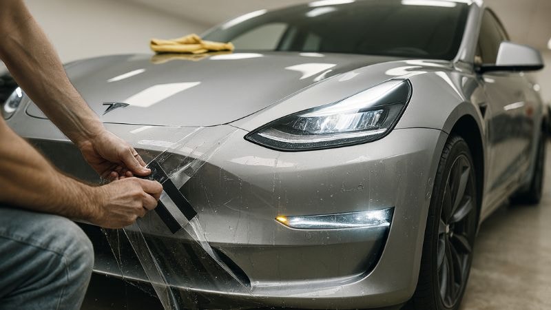 Transparent PPF being installed on the full front of Tesla to cover high impact areaa