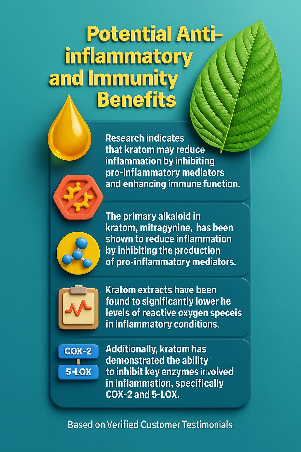 What are the Health Benefits of Using Kratom? 8 "Infographic on kratom’s potential anti-inflammatory and immunity benefits, featuring mechanisms like inhibiting pro-inflammatory mediators and reducing reactive oxygen species."