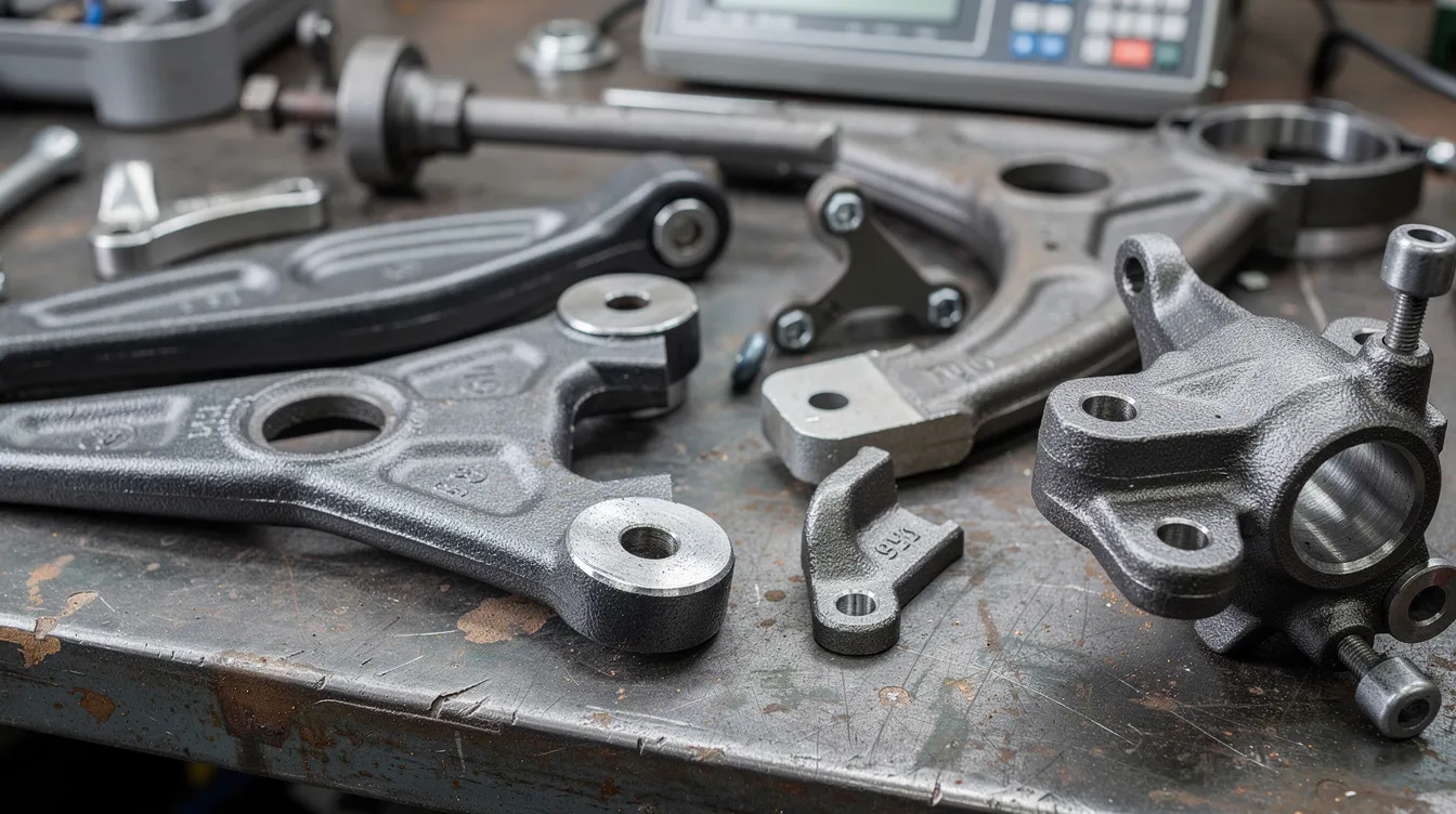 A close-up view of industrial automotive suspension components made from ductile iron and cast iron is displayed on a workbench, showcasing their complex shapes and fine grain size inherent in the materials. The components, designed for high strength and excellent wear resistance, highlight the mechanical properties and tensile strength that make ductile iron a preferred choice in various automotive applications.