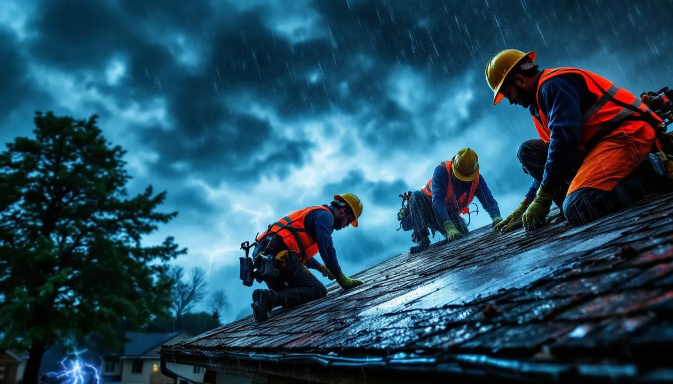 A team of professional roofers is actively engaged in emergency roof repairs in Philadelphia during stormy weather, addressing urgent issues such as roof leaks and potential storm damage. The scene highlights their dedication to providing reliable emergency roof repair services to minimize further damage to homes.