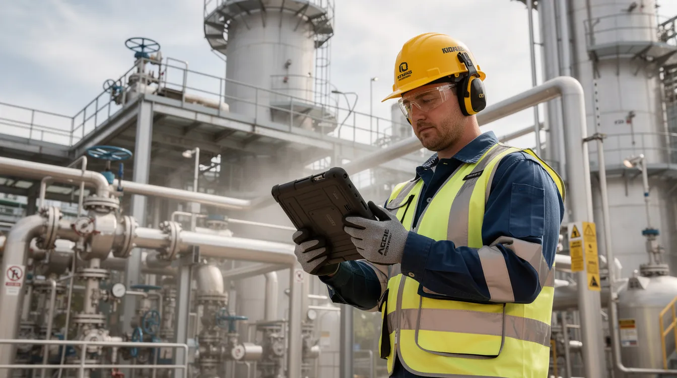 An industrial worker, equipped with personal protective equipment (PPE) and a hard hat, is holding a rugged tablet near complex chemical plant piping and steel structures. This scene highlights the use of rugged devices in demanding environments, essential for effective mobile device management and remote monitoring of operations.