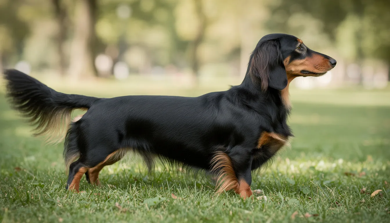Na zdjęciu widoczny jest elegancki jamnik długowłosy czarny podpalany, stojący na trawie. Pies ten prezentuje charakterystyczną sylwetkę z długą sierścią, podkreślając urok tej rasy.