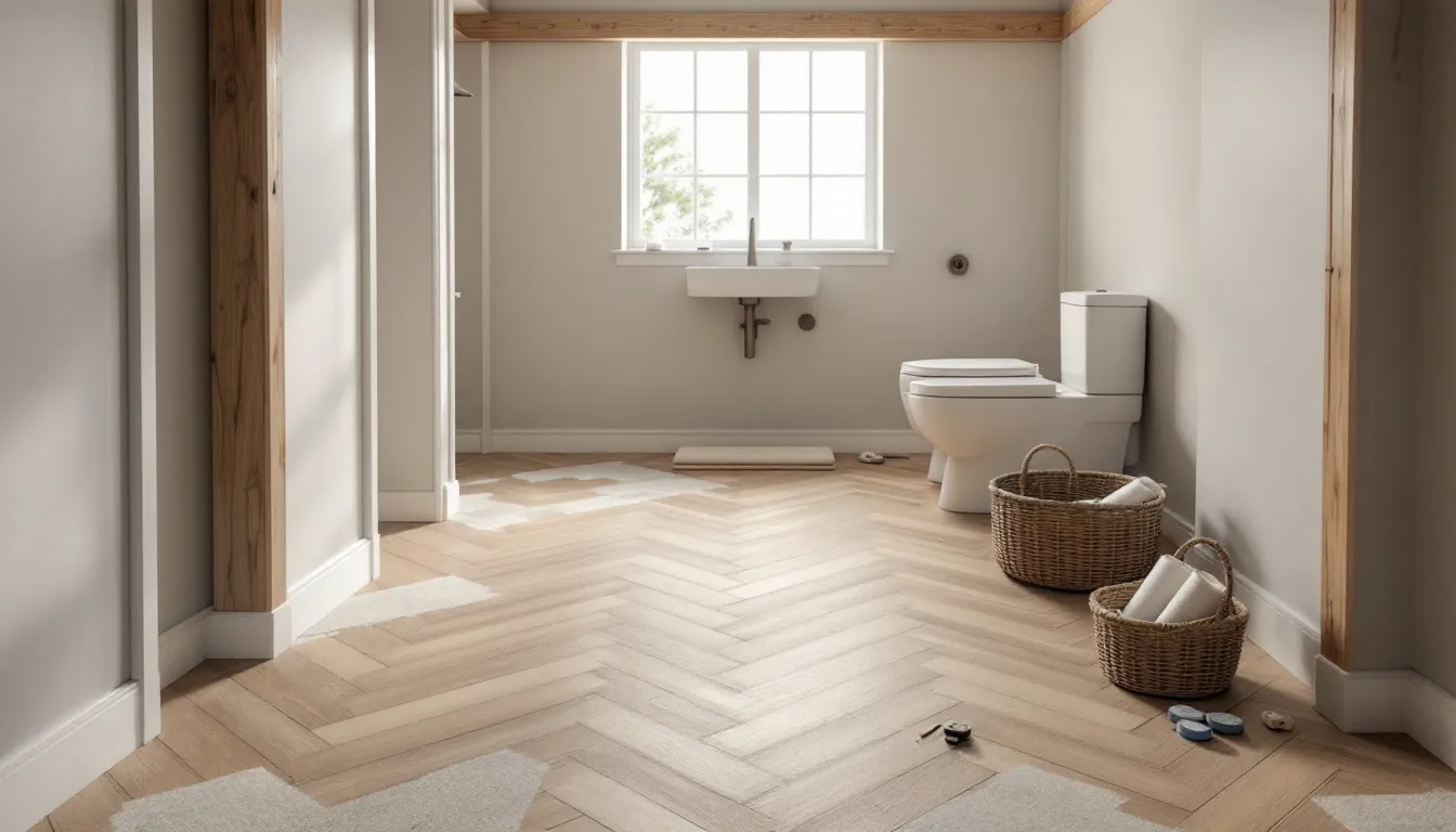Installation process of wooden floorboards in a bathroom.