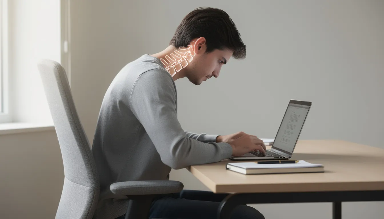 A person is sitting at a desk with poor posture, exhibiting forward head posture while working on a laptop. This position can lead to neck pain and muscle tension, potentially affecting the cervical spine and causing discomfort in the neck region.