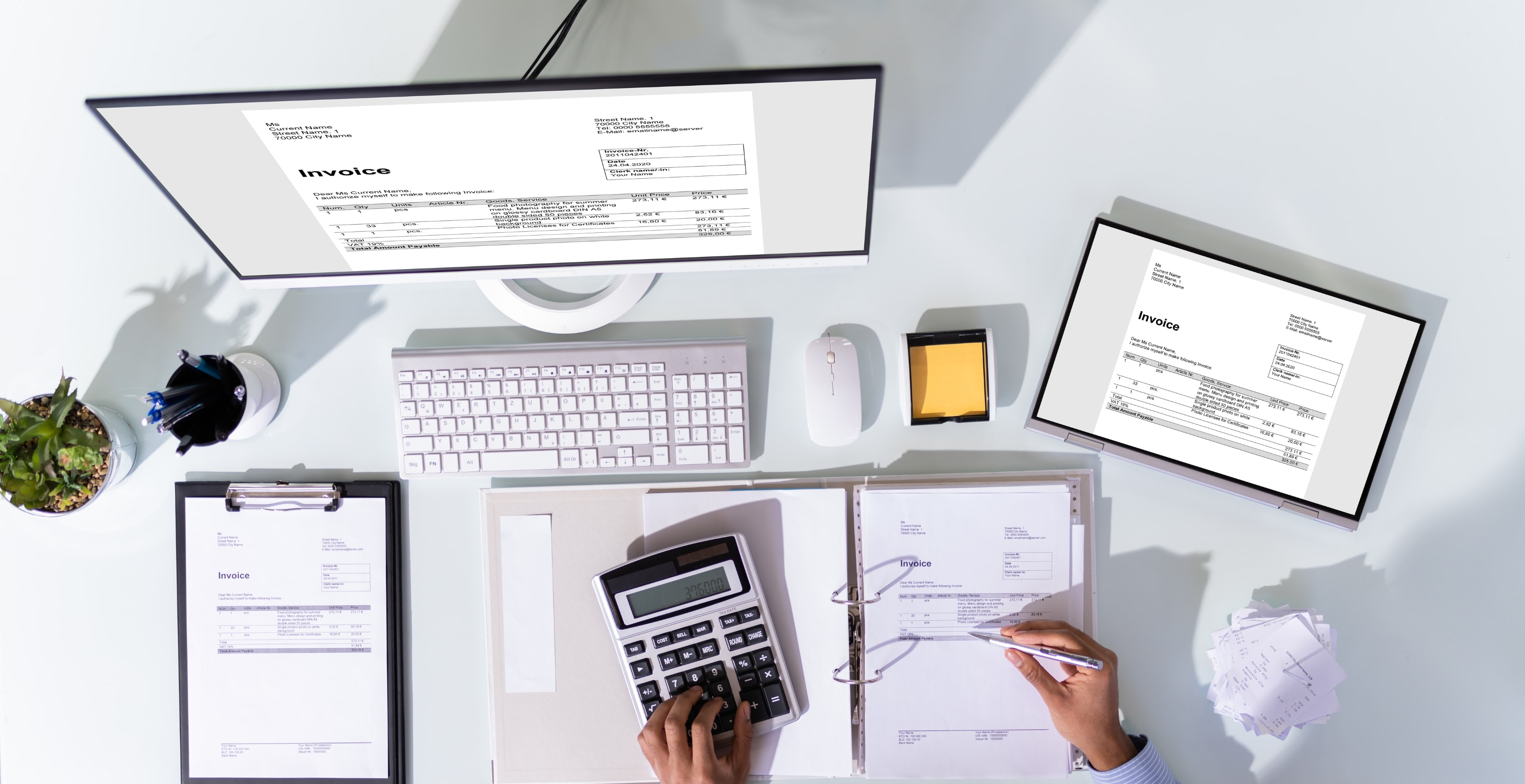 An image of Calculator, Computer Tax Records and a Hand Calculating the Taxable Income using OnlyFans Tax Calculator