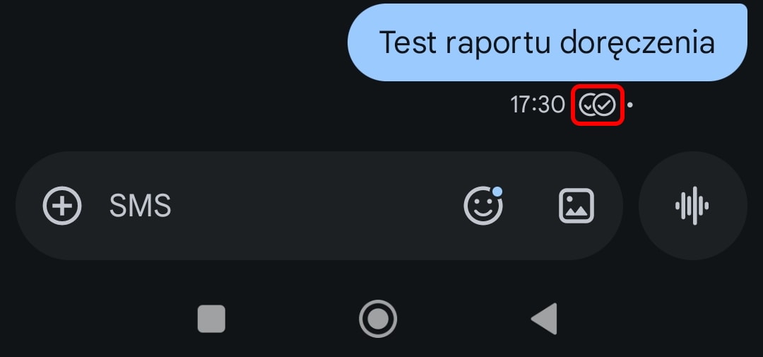 Fragment ekranu urządzania z systemem Android przedstawiający raport doręczenia wiadomości tekstowej.