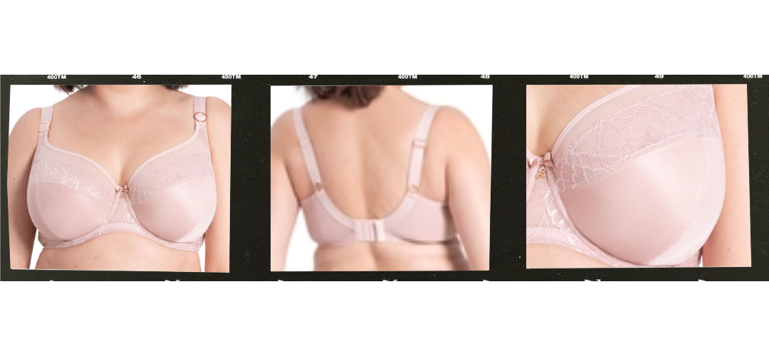 Samanta Amelia Polish Bra shown in front, back, and fit views highlighting full-bust support and construction