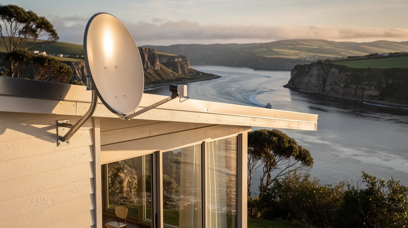 A satellite dish is mounted on the roof of a coastal home, overlooking a scenic river valley with lush greenery in the background. This setup highlights the importance of professional DSTV installations in Plettenberg Bay for achieving crystal clear reception and uninterrupted viewing.