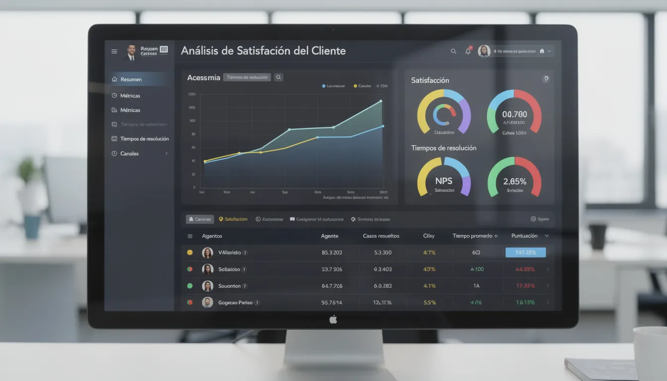 La imagen muestra una pantalla de análisis con métricas sobre la satisfacción del cliente y los tiempos de resolución, destacando datos relevantes para mejorar la experiencia del usuario en el servicio al cliente mediante chatbots de IA. Se pueden observar gráficos y estadísticas que reflejan la interacción entre los clientes y los agentes de IA en tiempo real.