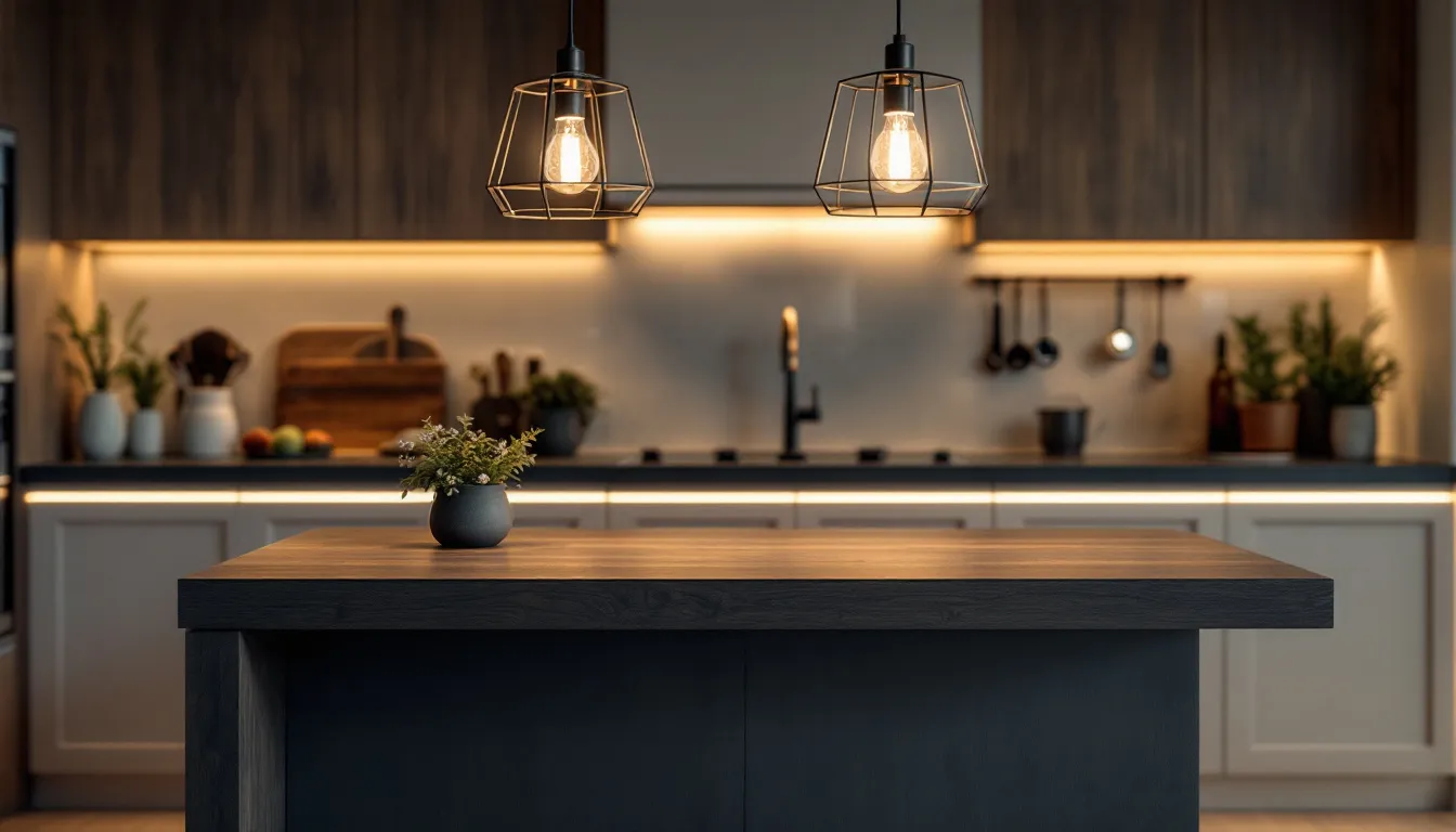 The image features a stylish kitchen island illuminated by elegant pendant lights, with warm under-cabinet LED lighting enhancing the ambiance. This setup showcases modern stainless steel appliances and granite countertops, making it a significant selling point for prospective buyers considering a kitchen remodel.