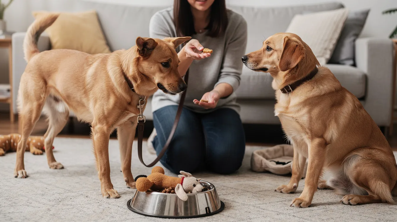 The image depicts two dogs, one a German Shepherd and the other a smaller breed, positioned near a food bowl. The Shepherd is displaying guarding behavior, growling softly as it protects the bowl, illustrating the common challenge of resource guarding between dogs in a multi-dog household.