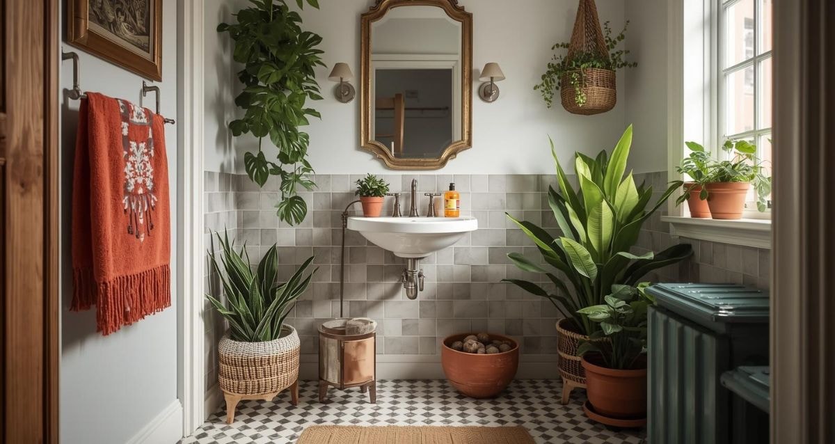 Checkerboard tiles on a bathroom floor