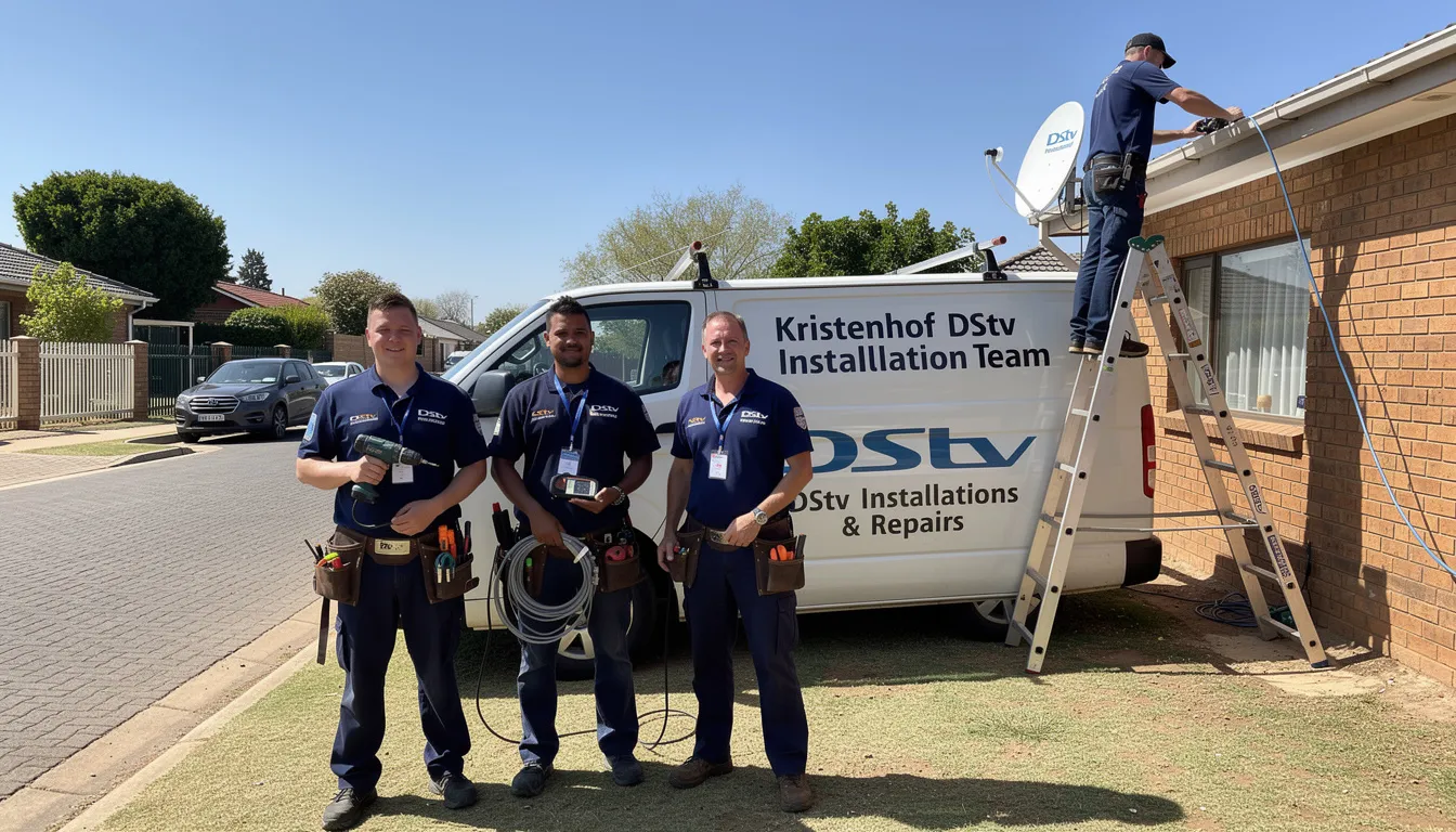 The image depicts the Kristenhof DStv installation team, consisting of skilled technicians working efficiently to set up a satellite dish for a residential property. They are engaged in professional DStv installation services, ensuring optimal performance and a seamless viewing experience for their clients.