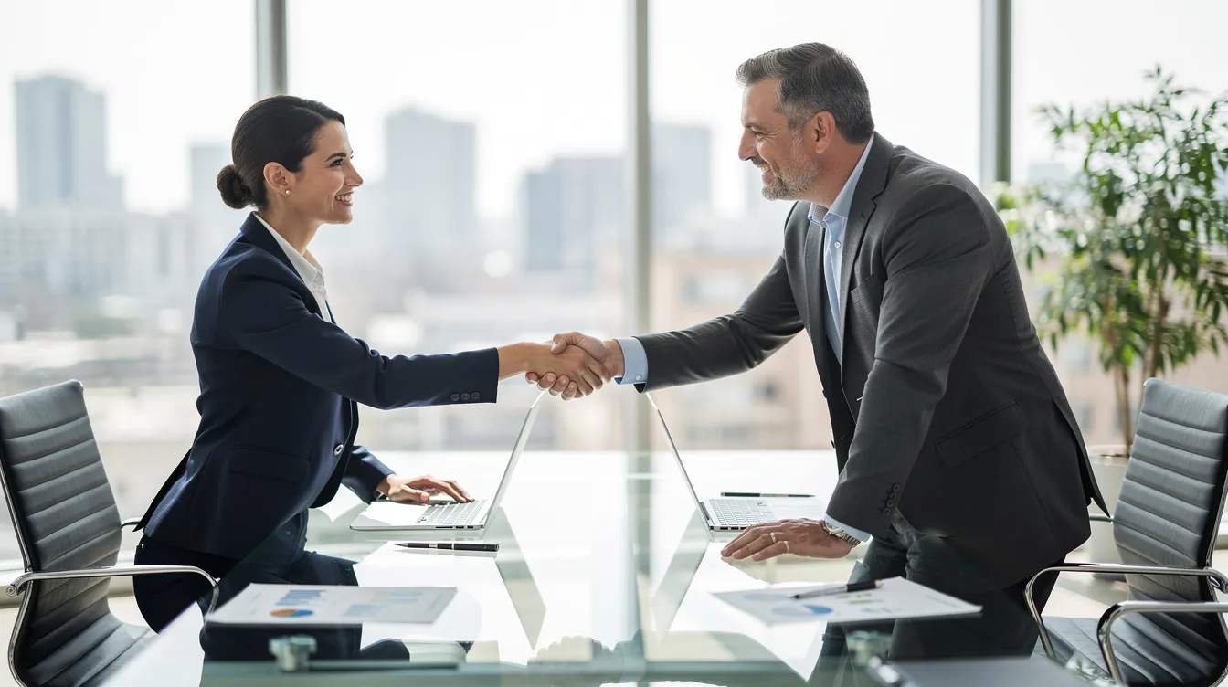 The image depicts two professionals shaking hands across a conference table in a modern office setting, symbolizing a successful business negotiation. This moment reflects the importance of legal assistance and the complexities involved in buying or selling a business, including the need for a business lawyer to navigate financial metrics and legal requirements.