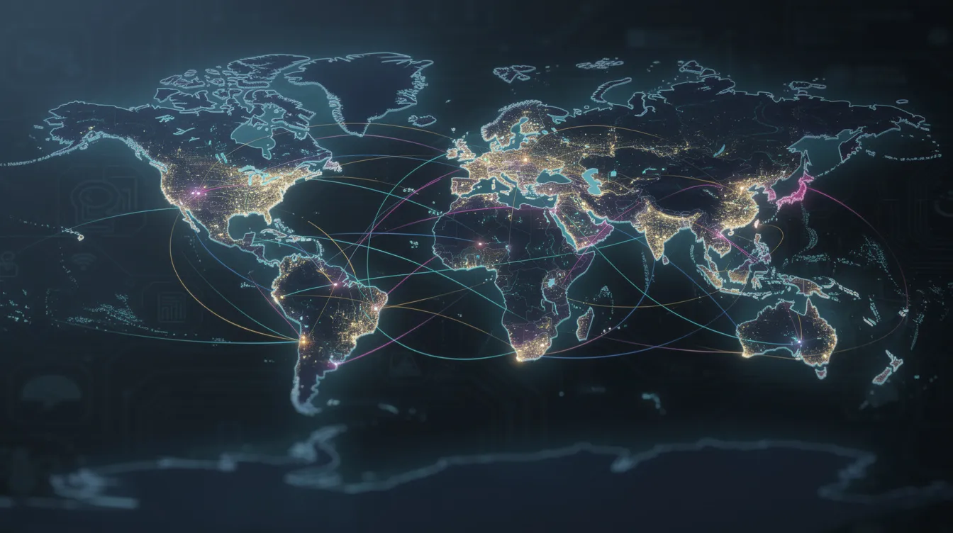 The image depicts a world map illuminated by glowing connection points, symbolizing the vast network of international broadcasting and streaming services like IPTV. This visual representation highlights the global reach of IPTV providers and the ability to watch live TV channels and on-demand content from various countries.