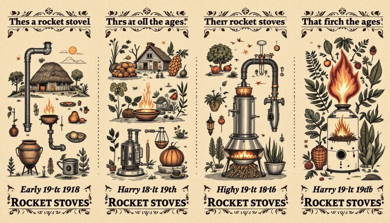 Historical evolution of rocket stoves over time.