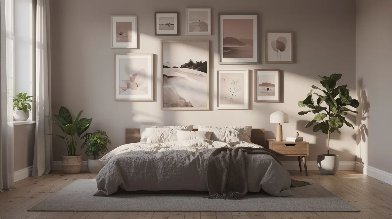 En tavelvägg i ett sovrum med blandade format av tavlor och posters i dämpade färger, som skapar en lugn och harmonisk atmosfär. Denna inredning passar perfekt för att ge rummet en personlig stil och en vacker känsla.