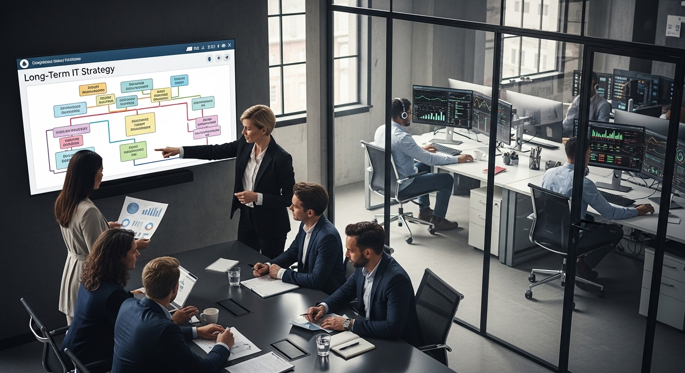 Business leaders reviewing long-term IT strategy while engineers focus on system performance dashboards.
