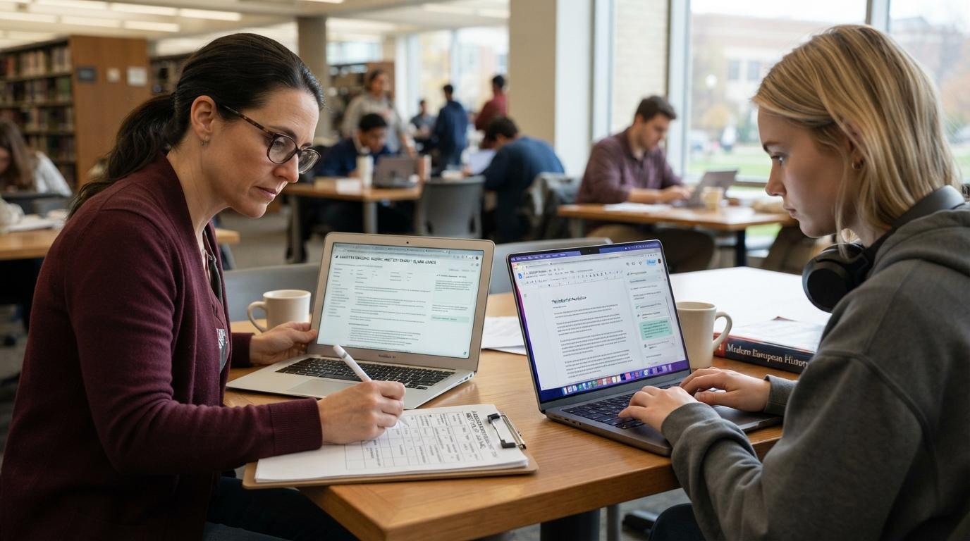 University instructor reviewing AI-generated rubric feedback while a student edits an essay with an AI writing assistant on a laptop