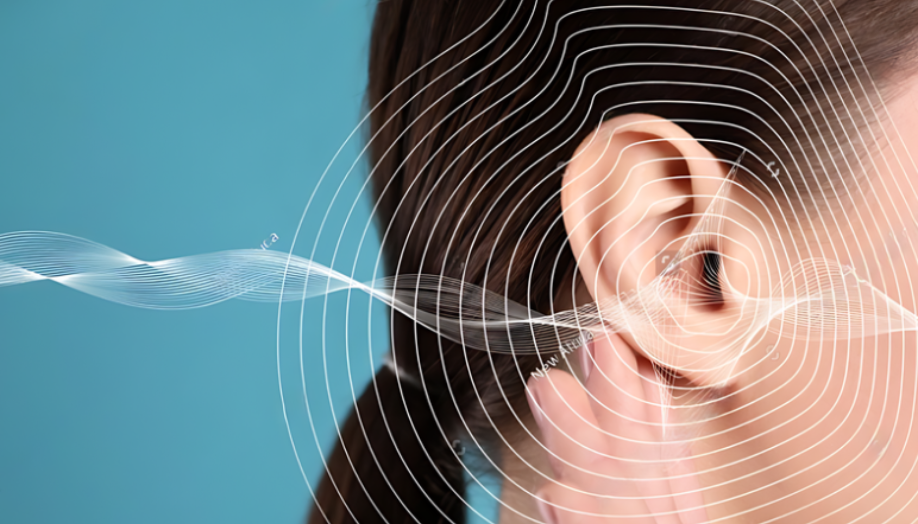 Kvinne holder seg til øret med hånd, omgitt av lydbølger, illustrerer tinnitus eller sensitivitet for høy lyd.