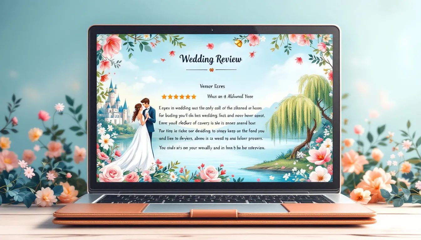 A close-up of a wedding vendor review page on a laptop screen.