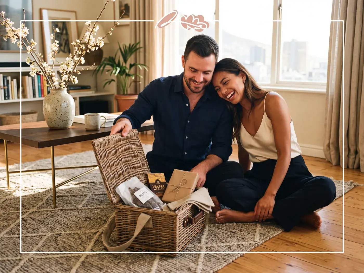 Boyfriend unwrapping a wicker birthday hamper with biltong chocolate and gift wrapped surprise from Fabulous Flowers Cape Town