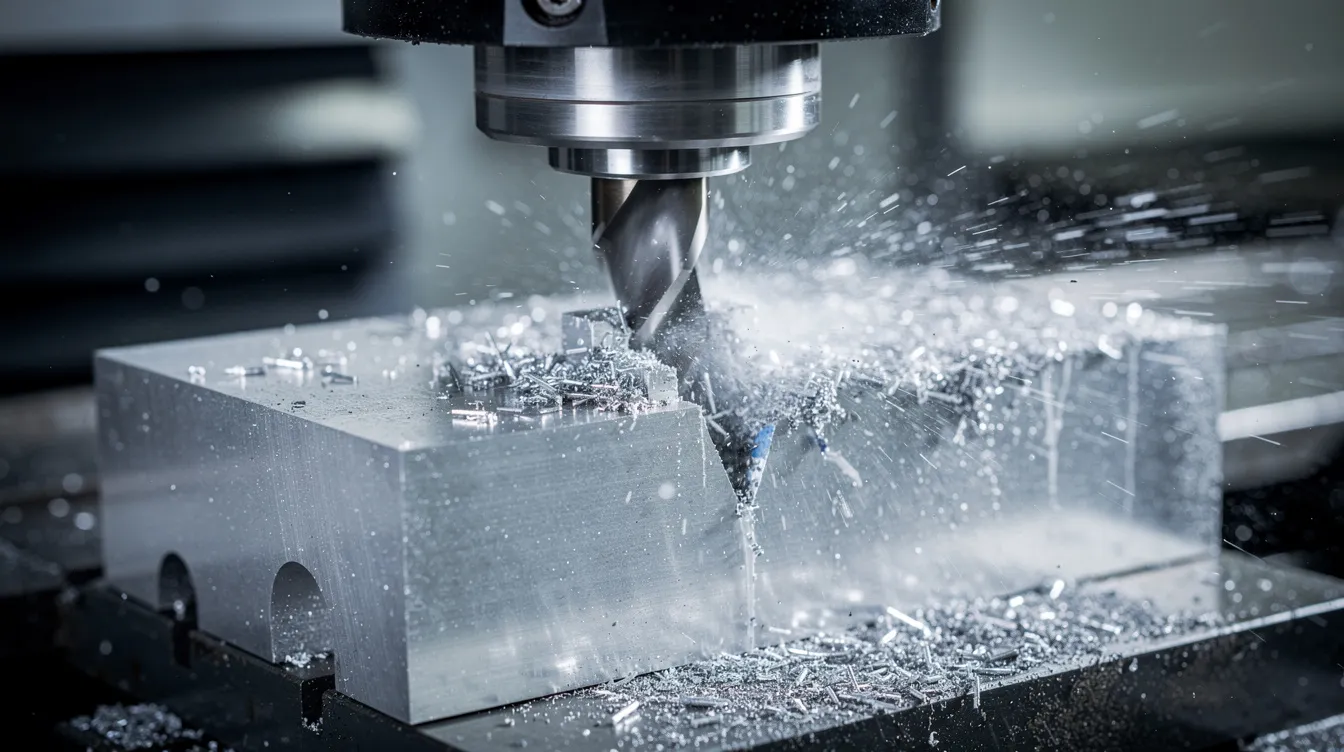A close-up view of a CNC milling machine is shown as it cuts through a solid aluminum block, with a visible coolant spray enhancing the machining process. This image highlights the precision and quality control involved in CNC machining, essential for producing high-quality parts and complex geometries in manufacturing.