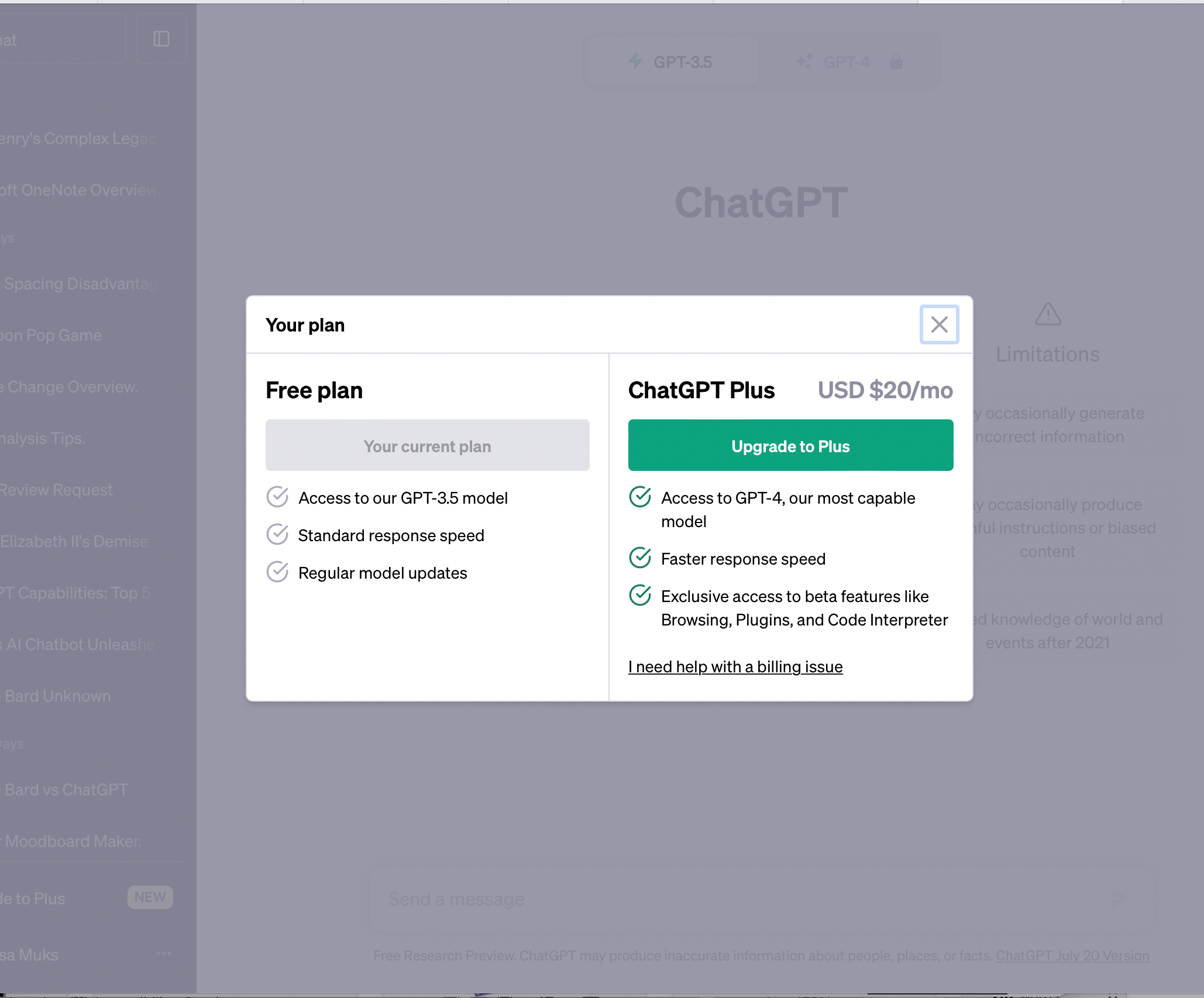 Subscription plan options for ChatGPT