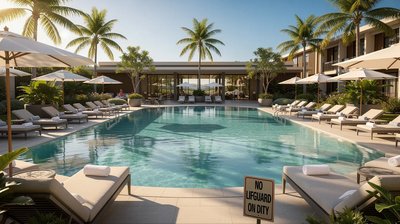 The image depicts a resort swimming pool surrounded by lounge chairs, with a sign indicating that there is no lifeguard on duty. This setting highlights the importance of hotel owners maintaining a safe environment to protect guests from potential hotel accidents and injuries.