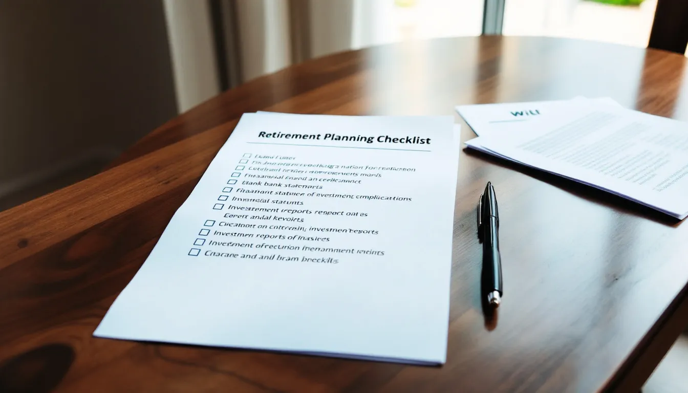 A retirement planning checklist and various financial documents are spread out on a table, accompanied by a pen, symbolizing the importance of preparing for the future. This scene reflects the responsibilities and considerations that adults, including parents and spouses, must navigate as they plan for their later years.