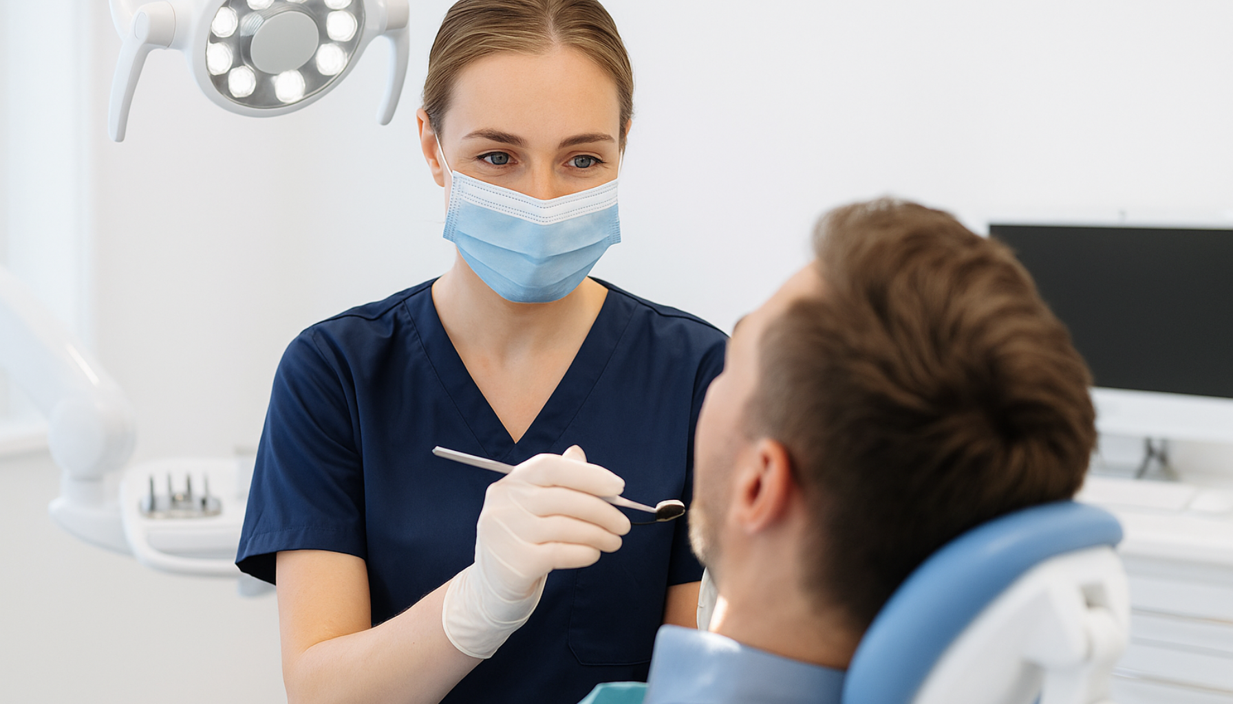 Tannlege med munnbind undersøker pasient i moderne klinikk, pasient ligger i stol og blir belyst av undersøkelseslampe.