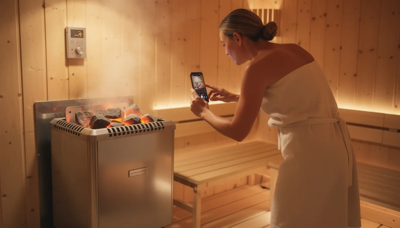 A person is capturing an image of a sauna heater with their smartphone, likely for documentation purposes related to the sauna's warranty and maintenance. The heater, an essential component of the sauna room, features visible heating elements and controls that ensure proper operation and longevity.
