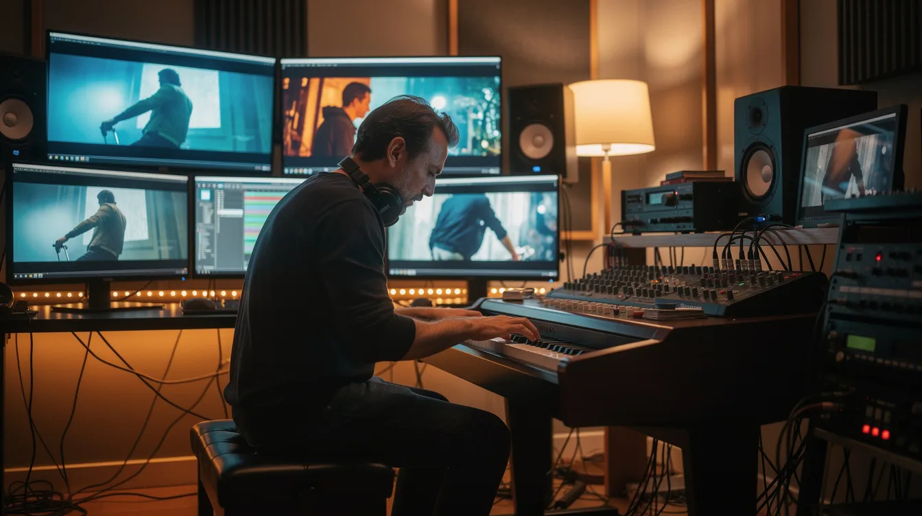Ein Komponist sitzt konzentriert an einem Klavier in seinem Heimstudio, während im Hintergrund Bildschirme mit dramatischen Filmszenen zu sehen sind. Die Atmosphäre ist kreativ und fokussiert, ideal für die Erstellung von Filmmusik und Soundtracks.