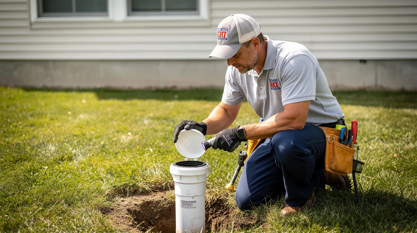 A plumber is inspecting an outdoor sewer cleanout near a home, checking for signs of sewage backup and potential contamination. This inspection is crucial to prevent health risks associated with sewage damage and to ensure the proper functioning of the septic system.