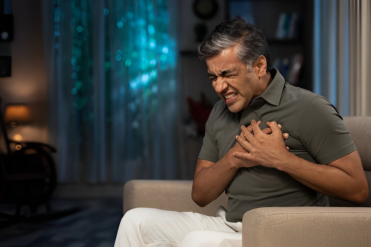 A photo of a man touching his chest due to pain. sleep anea
