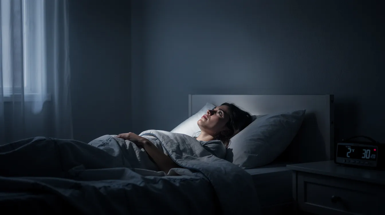 A person lies awake in bed at night, staring at the ceiling, reflecting the struggles of sleep deprivation and its impact on overall health. This scene highlights the importance of good sleep quality for weight management and the risks associated with poor sleep habits.