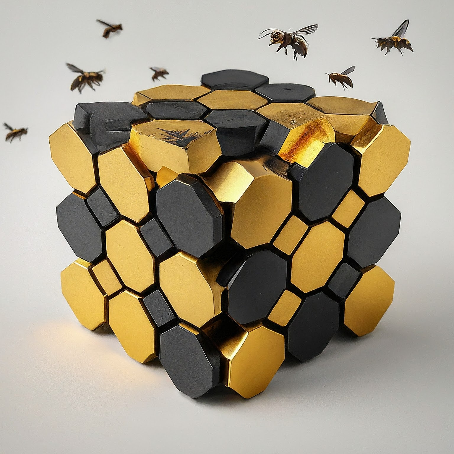 A 3D honeycomb shaped like a Rubik's cube with a white background  with bees symbolizing the Cyber Bee interaction for effective model development.