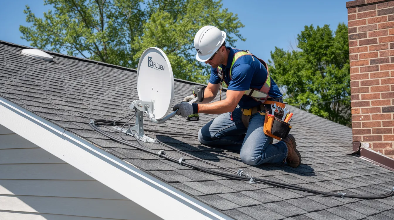 A technician is seen installing a satellite dish on a residential rooftop, ensuring proper alignment for optimal signal quality. This professional DSTV installation service is part of the skilled DSTV installers in Rondebosch, providing reliable entertainment options for homeowners.