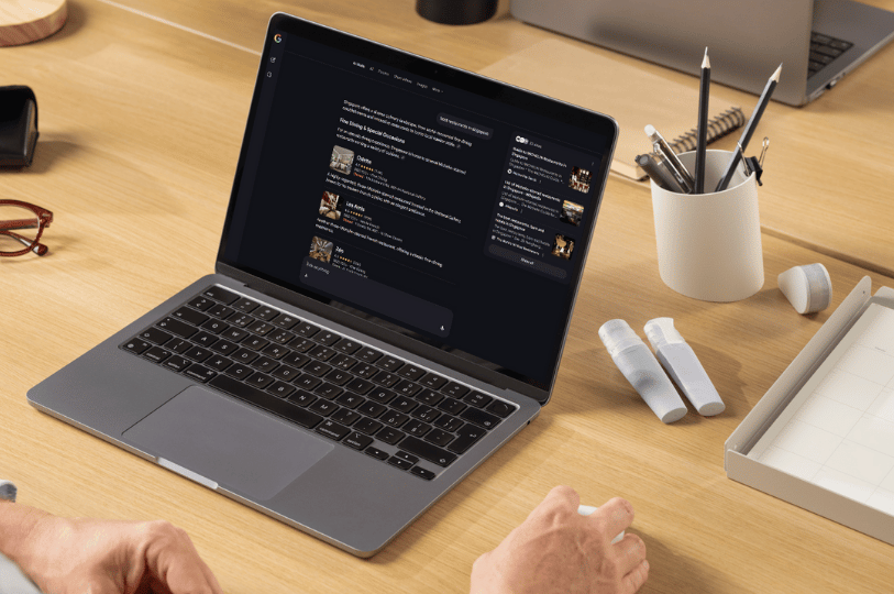 A laptop screen displaying an AI-generated search result for restaurants in Singapore, showcasing how AI summaries recommend dining spots.