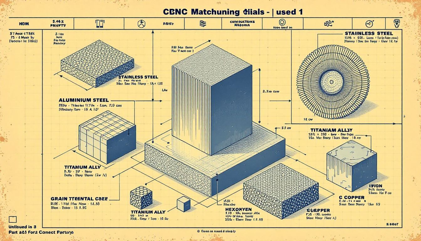 Various metal materials used in CNC machining, including stainless steel and aluminum alloys.