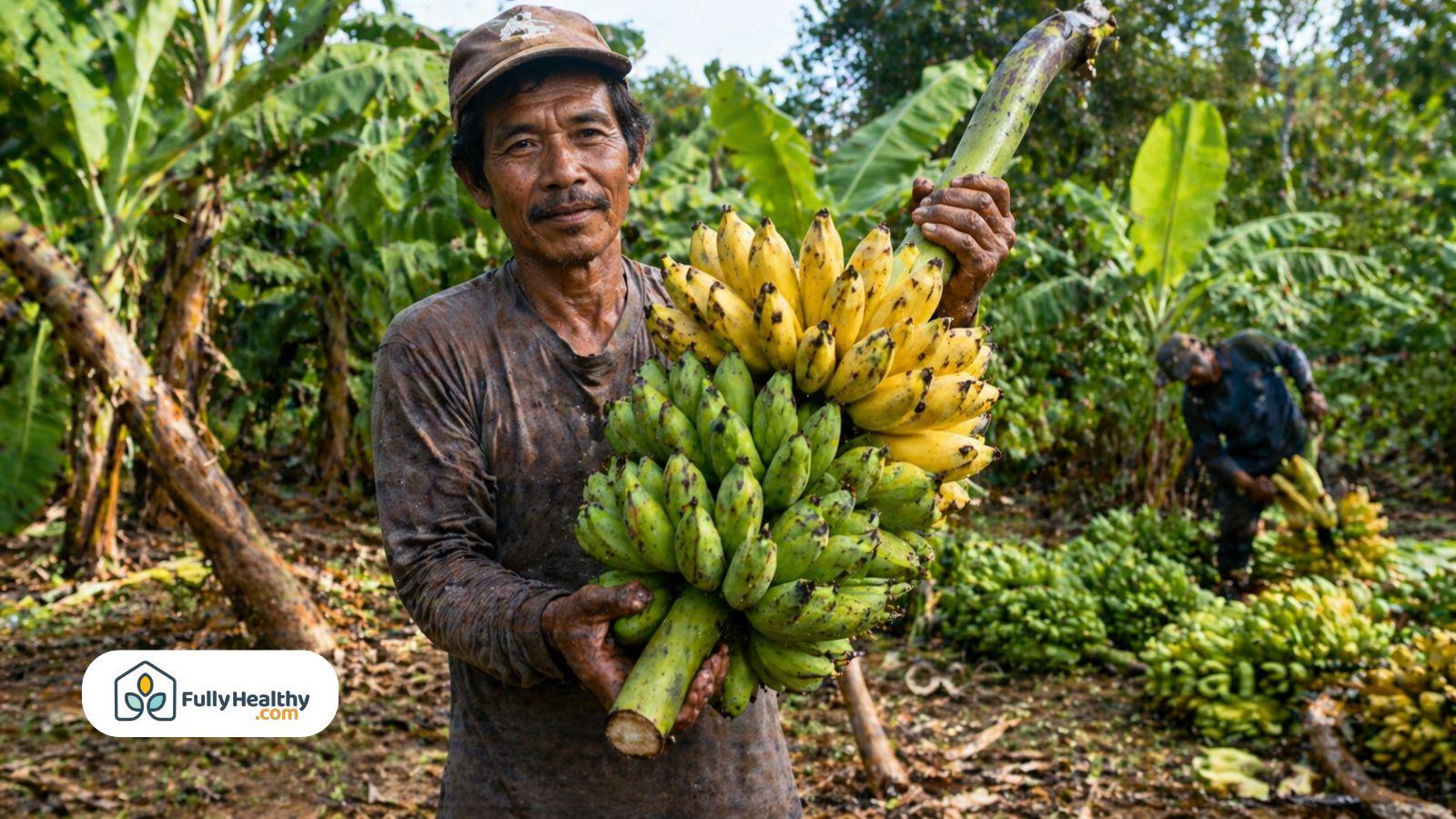 Farmer holding freshly harvested bananas in tropical plantation with green surroundings
