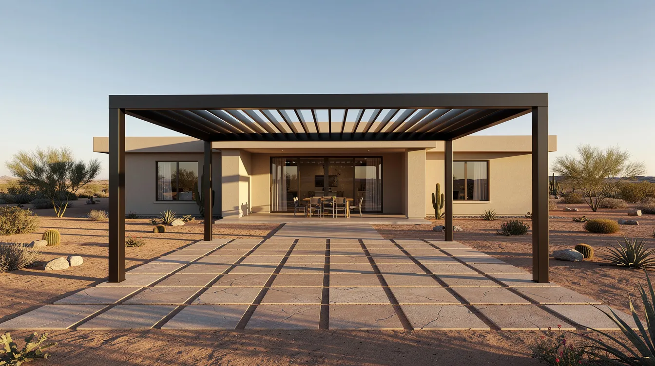 The image depicts a modern home surrounded by a beautifully designed outdoor space in the desert, featuring stylish pavers and a striking pergola made of metal. This landscape design showcases elements that enhance the existing landscape, creating a dream yard perfect for relaxation and entertaining.