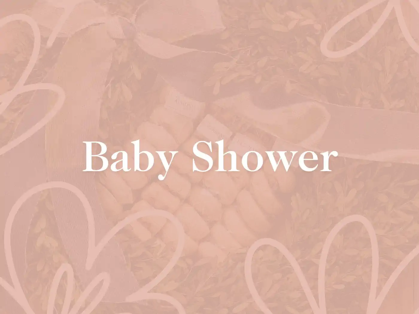 A decorative image for a Baby Shower collection featuring a pastel pink background adorned with heart-shaped outlines. A large ribbon bow is visible, accentuating the elegant presentation. In the background, there are subtle images of floral arrangements and small gift boxes, suggesting a theme of fabulous flowers and gifts.