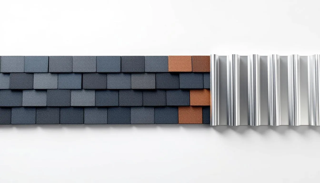 The image showcases a variety of high-quality roofing materials, including asphalt shingles and metal panels, available for selection by roofing contractors. These options cater to both residential and commercial properties, reflecting the commitment to quality workmanship and exceptional customer service in the roofing industry.