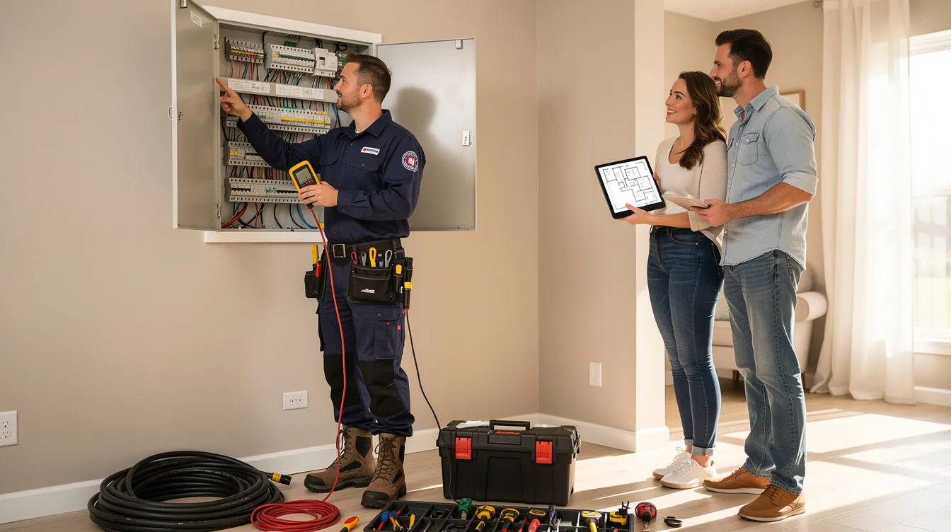 An electrician in Cypress, TX, is discussing electrical services with satisfied customers in a home setting, showcasing their professionalism and commitment to addressing various electrical needs. The scene highlights the importance of reliable service for residential electrical projects, including panel upgrades and new wiring installations.