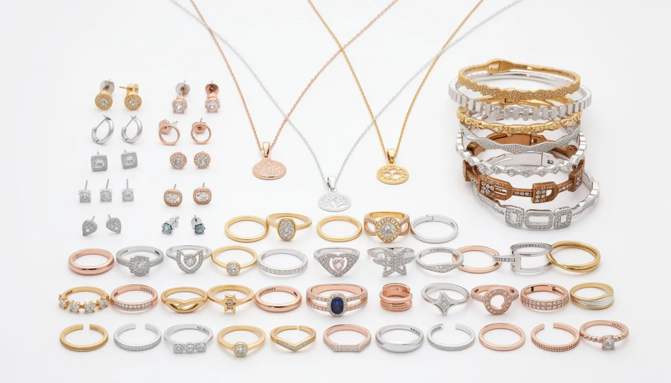 A variety of wholesale jewelry items are showcased on a white background, including elegant rings, sparkling earrings, stylish bracelets, and beautiful necklaces. This display highlights the quality and diverse selection available for retailers looking to offer amazing products to their customers.