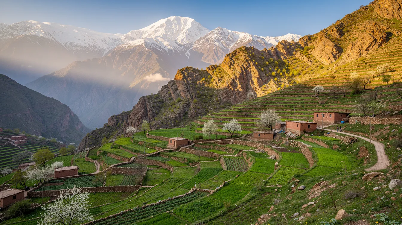 The image showcases the lush green terraced valleys of the Atlas Mountains in spring, framed by majestic snow-capped peaks in the background. This stunning natural beauty highlights the diverse landscapes of Morocco, inviting travelers to experience its rich culture and adventure opportunities.