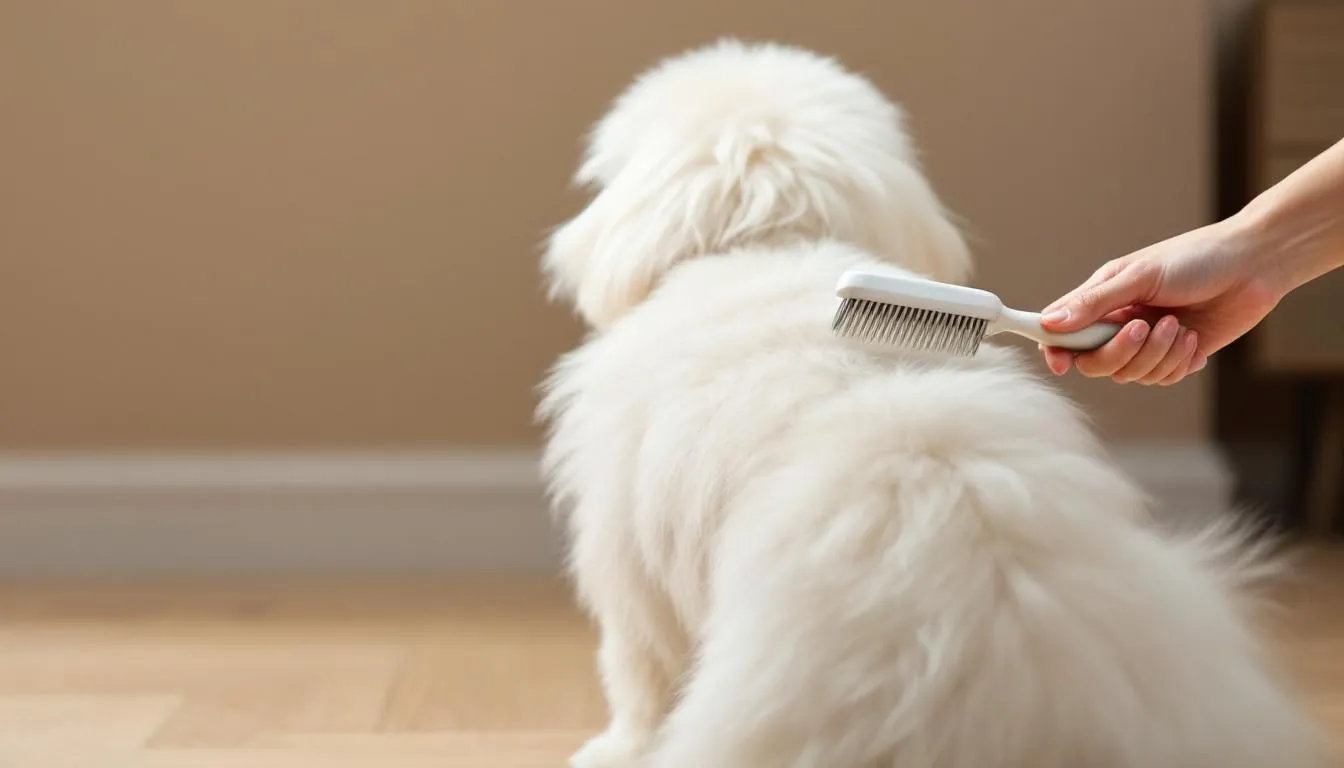 A small, fluffy white dog, resembling a Bichon Frise or a West Highland White Terrier, is being gently brushed with a slicker brush, showcasing its luxurious coat. This grooming process helps minimize shedding and maintain the dog