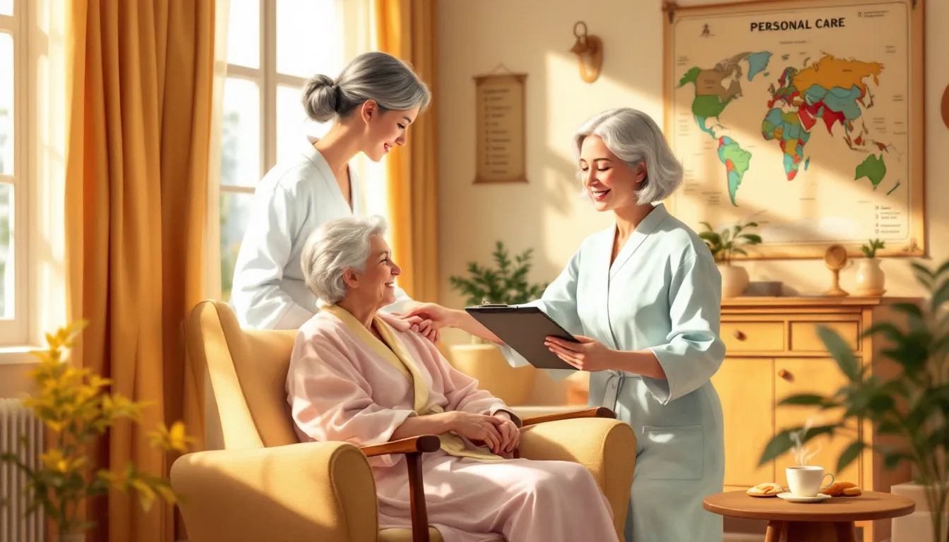 An elderly person receiving personal care from a caregiver, assessing their unique needs.