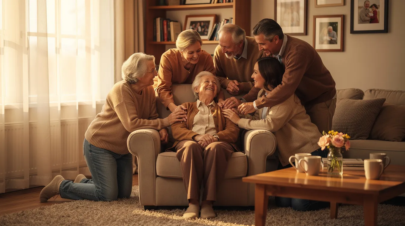 A warm family gathering takes place in a cozy living room, where an elderly parent sits comfortably surrounded by loved ones. The scene reflects a supportive environment, highlighting the importance of home health care services and the emotional connection among family members.